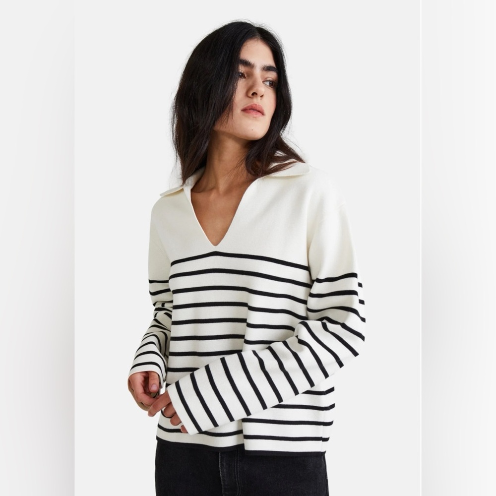 MONOPRIX Striped 100% Cotton Collared Vneck Cropped Long Sleeve Size M‎